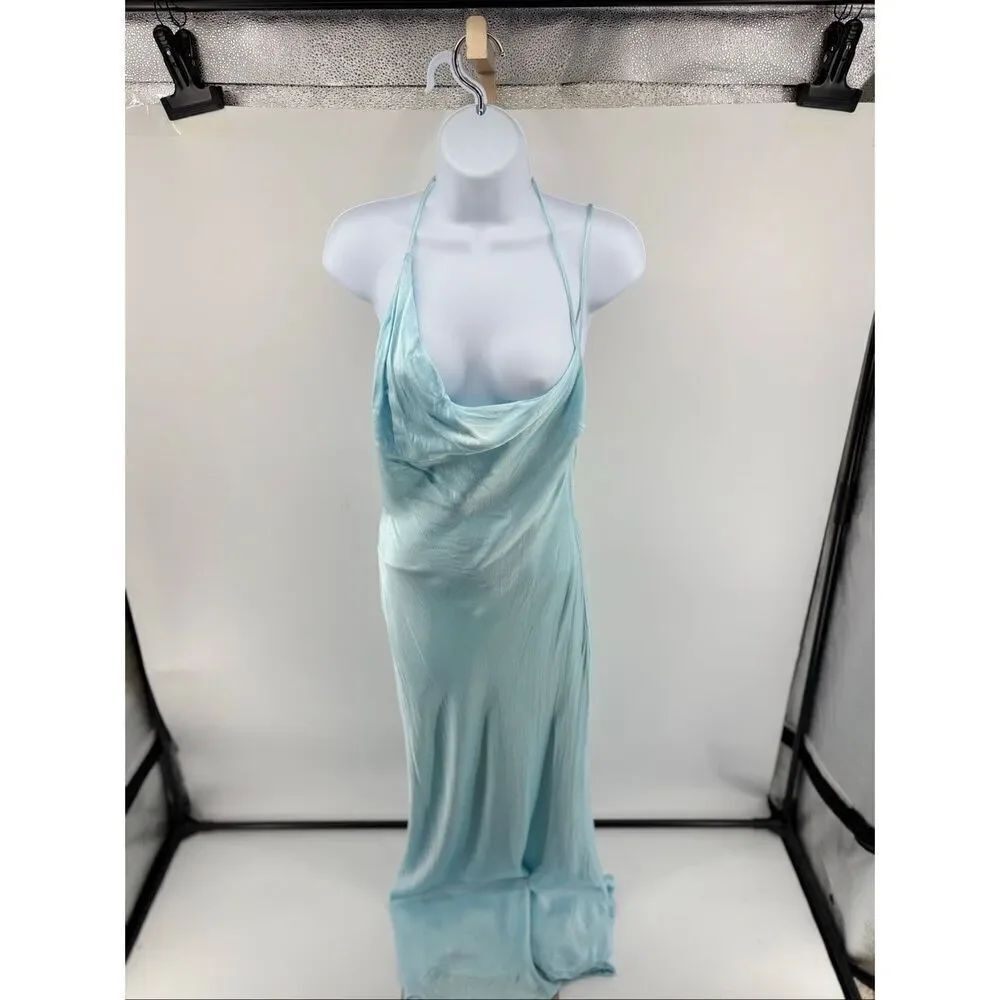 Bardot Astrid Midi Slip Dress Aqua Asymmetric Drape Neck Size M